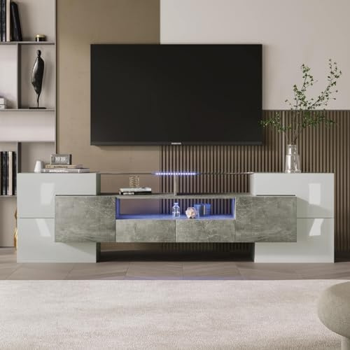 KOMHTOM Meuble TV blanc avec combinaison de couleurs gris/bois - Buffet moderne avec 6 portes, 2 tiroirs et 4 compartiments ouverts - Armoire polyvalente pour salon, salle à manger et chambre à