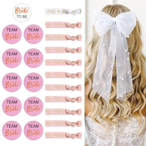 GOTRUST 23Stk Junggesellenabschied Frauen Accessoires, 1 Bride to be Schleife Set, 11 JGA Armbänder Frauen, 11 Bride to Be und Team Bride Abzeichen Button für Hochzeit, Jungesellinnenabschied