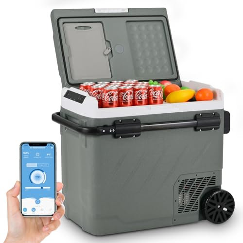 Alpicool 58 Liter Kompressor Kühlbox Tragbarer, Kühlbox Auto Mit APP-Steuerung, 12V/24V DC 100-240V AC Kühlschrank für Auto,Camping,Fahrten,Lkw, Boot,Zwei Zonen,-20℃-20℃