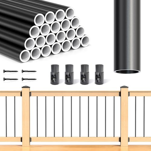 Steel DN Mate 25 Pack 32 Aluminum Deck Balusters, Round Black Deck Railing Deck Spindles with Connectors and Screws, 3/4 Diameter Hollow Metal Balusters for Fence Porch Staircase Stair Railing AB50
