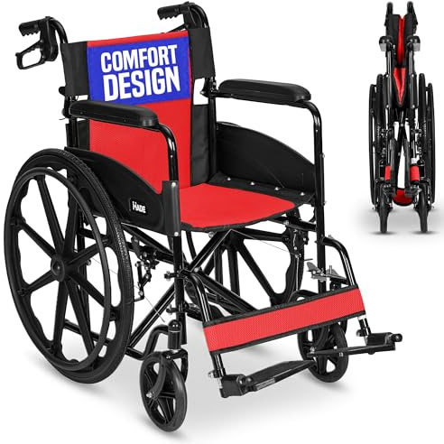 Self Propelled Wheelchair 18in Seat - Folding Lightweight Transit, Red | 16kg frame, 120kg user capacity, Folds to 22cm, 24in rear wheels, Puncture proof tyres, Dual parking brakes