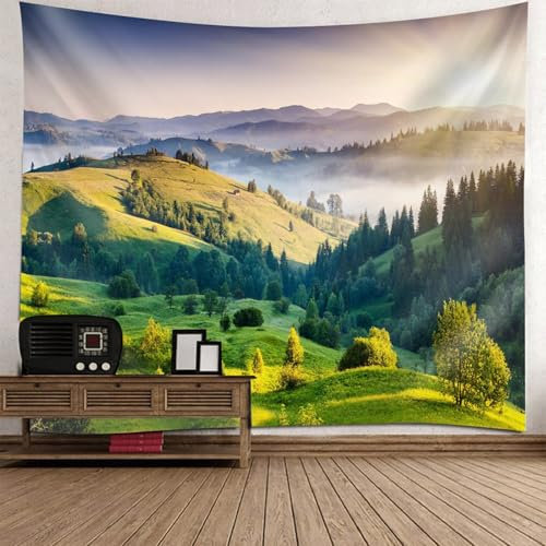 Epinki Tapisserie Wandbehang Grün, Natur Landschaft Wandteppich Berg Wald Tapisserie Polyester Tapestry für Wohnzimmer Kinderzimmer, 200x200cm