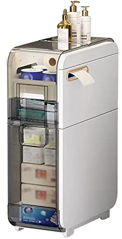 Armario de almacenamiento alto y delgado para baño con cajones transparentes y ruedas, organizador vertical para fregadero de baño estrecho, soporte de papel higiénico de plástico para organización de