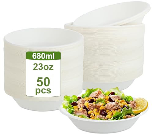 50 Cuenco para sopa de caña de azúcar – cuencos de cartón desechables – cuencos desechables para sopa – – vajilla desechable – cuencos para sopa para fiestas y picnics 680ML (23oz) – sin plástico y