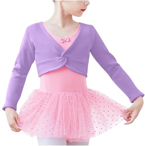 Generisch Ballettjacke Mädchen Langarm Baumwolle Ballett Bolero Jacke Ballett Top V-Ausschnitt Wickeljacke Strickjacke Cardigan Langarmshirt Kleidung Lila, L