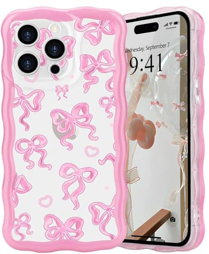 L-FADNUT Bow Case for iPhone 15 Pro, Curly Wavy Frame Cute Girly Bow Ribbon Pretty Phone Case, Soft Wave Clear Slim Silicone Shockproof Anti-scratch Cover for Women Girl, Pink Bow