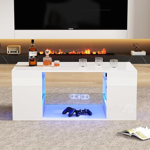 BTM Hochglanz Couchtisch mit Glas, LED Couchtische, Weiß Kaffeetisch,Mehrere Lagerplätze,96x45x45 cm