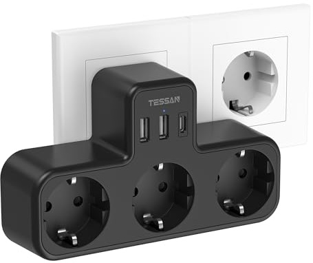 TESSAN Ladron Enchufes con 3 Tomas CA y 3 Puertos USB, 15W Cargador USB C | 6 en 1 Enchufe múltiple en Forma de T, 3600W Regleta Pared Compatibles para Sala de Estar, Dormitorio y Oficina, Negro