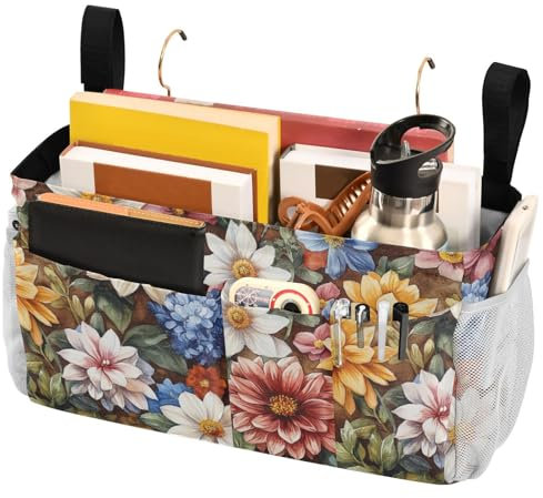 FRODOTGV Borsa da appendere al comodino con fiori primaverili, dalie, narcisi, giacinti marroni, per lettino, spondine