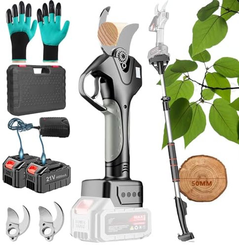 Forbici Elettriche Da Potatura Senza Fili 980W - Taglio 5 Cm Di Diametro, Forbici Da Giardino Professionali 2 In 1 Con Asta Telescopica Da 2,1m, Display Lcd,2 Batterie, Lame Di Ricambio,Silver
