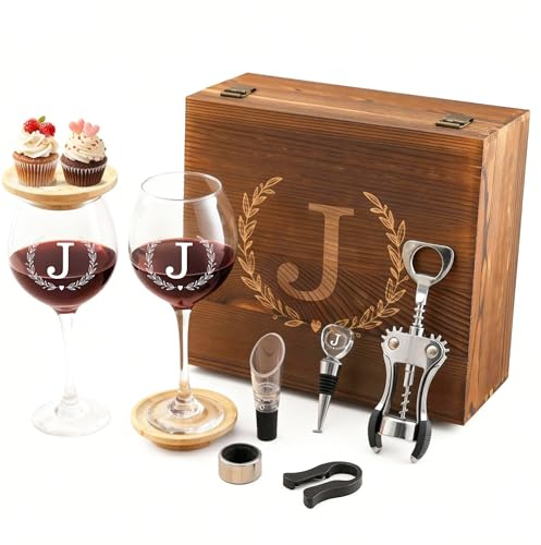 GZLDGIFTS Personalized Initial Wine Glasses Box Gift Set For Women Mom Engraved Birthday Monogrammed Wooden Christmas Gifts Wedding Anniversary Wine Couples Stopper Opener Initial Letterr (J Set)