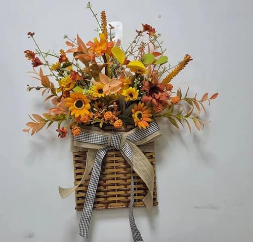 Whemyreat Autumn Wreath for Front Door, Artificial Autumn Decoration Door Wreath with Sunflowers and Wheat Nuts, Wall Wreath, Gift for Fall Decor, Thanksgiving, Halloween Wreath, for Home Decoration