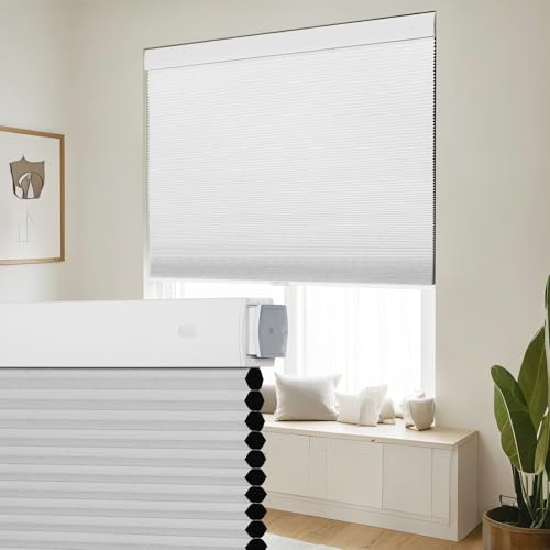 SEEYE No Drill Cordless Cellular Shades, Blackout Honeycomb Blinds for Indoor Window,Thermal Insulated Noise Reduction, Easy Install for Bedroom, Living Room, Office, White (64 W x 64 H)