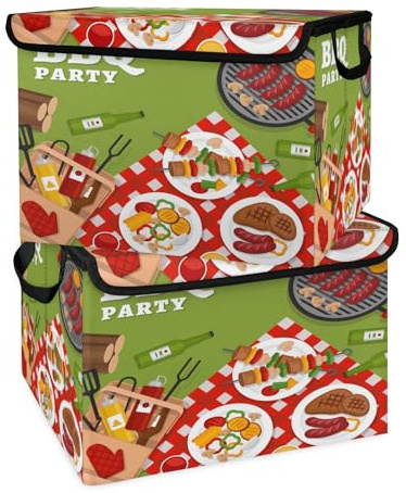 XMNYGJ Bbq Party Themes Storage Bins with Lid Foldable Lidded Fabric Storage Baskets for Clothes Blanket Collapsible Large Storage Box Closet Organizer with Handles 2 Pack