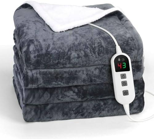 Elytsemoh Heizdecke mit Abschaltautomatik mit 10 Heizstufen, bis zu 9 Stunden Auto-Off-Timer, Flanell & Sherpa 160 x 130 cm, Maschinenwaschbar, Überhitzungsschutz, Wärmedecke für Schlafsofa，Dunkelgrau