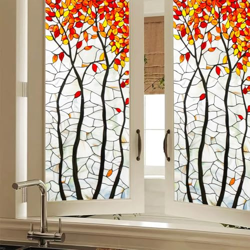 HOMETITUTE Autumn Tree Leaves Window Film 18 x 39 Inch Stained Glass Decorative Privacy Cling PVC Mosaic Cover for Glass Panels Fall Seasonal Windows Background Decor