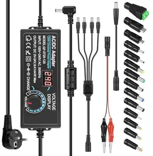 3V-24V 6A 144W Bloc d'alimentation réglable Adaptateur Secteur Universel Adaptateur Secteur réglable 100V-240V CA à CC avec LED et 14 Conseils pour Les appareils électroniques ménagers