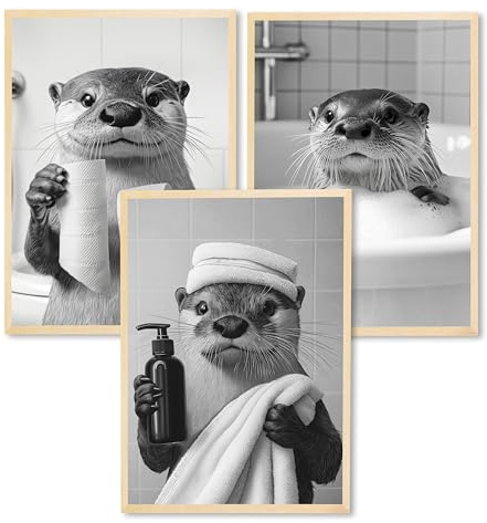 AVYLO Lustiger Otter Poster Badezimmer Wanddekomit Rahmen, Hochwertige Schwarz Weiß Wandbilder für Gäste WC Kunstdruck, Wandkunst Bad Toilette skandinavisch, Einweihungsgeschenk (3x A4 Poster)