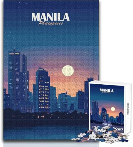 Puzzle de 1000 pièces pour Adolescents - Paysage Urbain de Manille (Philippines) la Nuit - Jeu Stimulant et Difficile - Idée Cadeau - Dimensions 38x26cm