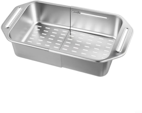 MKTOLHUS 33 cm dräneringskorg i rostfritt stål, teleskopiskt durkslag för disk- och skåltorkning, expanderbar köksförvaringsställ för grönsakstvätt, silverfinish