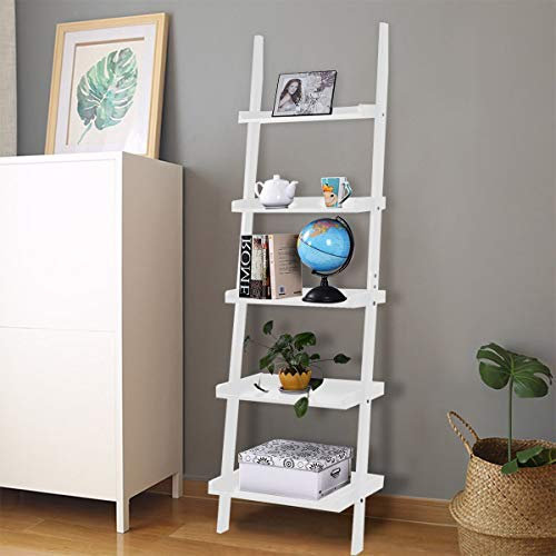 COSTWAY 4/5 Tier Wall Rack, Wooden Display Ladder Shelf, Bookcase Leaning Shelving Unit Organiser Flower Plant Stand for Living Room, Kitchen and Bathroom (60 x 30 x 190cm, White)