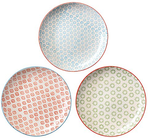 Bloomingville Speiseteller Emma Retro große Teller Essteller Vintage ø 25 cm, blau rot grün, Keramik, 3er Set