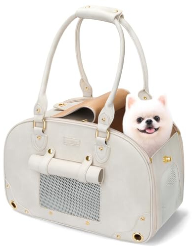 PetsHome Hunde- und Katzen-Tragetasche, Wasserdicht, Premium-Leder, Tragbar für Zuhause & Outdoor, Medium, Beige