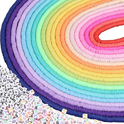 6400 Stück Heishi Perlen 6mm Bunte Flache Polymer Clay Perlen Und Buchstabenperlen für DIY Polymer Handgefertigte Halskette Armband Ohrring Anhänger und Fußkettchen Handwerk Herstellung