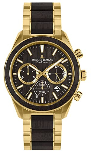 JACQUES LEMANS Herrenuhr, Eco Power Uhren Männer, Chronograph aus massivem Edelstahl mit Apfel-Leder Armband, Model 1-2115