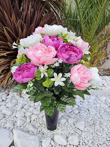 Roselynexpress Composition de Fleurs Artificielles en Cône Lesté Ciment pour Une Parfaite Tenue à L' Extérieur. Réalisé par Nos Soins, Fleurs de Qualité.