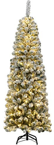 GYMAX 184 cm künstlicher Weihnachtsbaum mit 250 warmweißen LED Beleuchtung, Tannenbaum mit 500 PVC-Nadeln & Schnee, Christbaum mit klappbarem Metallständer