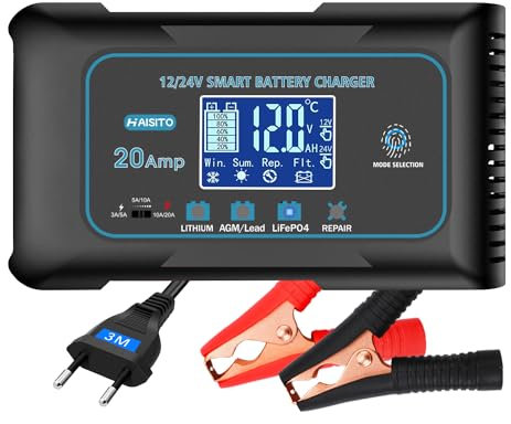 Haisito Intelligente Carica Batterie per Auto Moto 12V/24V 20A, Professionale Rapido Caricabatterie Mantenitore per Batterie al Litio, LiFePo4, Piombo-acido(AGM, GEL, EFB, SLA, VRLA)