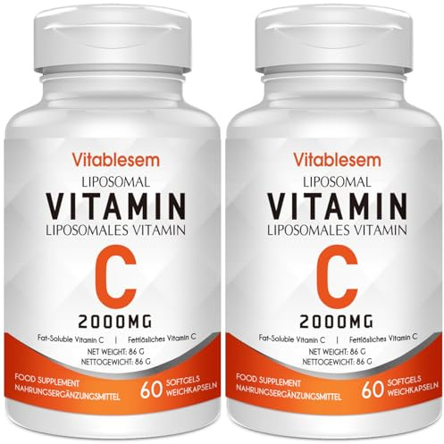 Liposomale Vitamin C Kapseln 2000 mg, 2er Pack | Hochdosierte Vitamin C Kapseln mit Ascorbinsäure, glutenfrei und ohne Zusätze, zur Unterstützung des Immunsystems