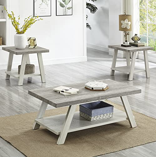 Roundhill Furniture Athens Contemporary 3-Piece Wood Shelf Coffee Table Set, Weathered Gray and Beige