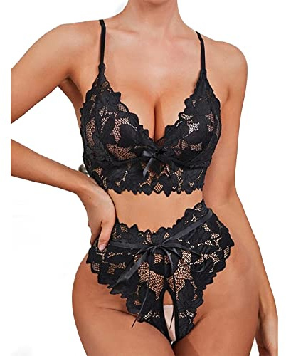 ROSVAJFY Sexy Floral Lace Lingerie Set for Women Naughty See-Through Mesh Babydoll Underwear 2 Piece V Neck Bra and Panty Hollow out Crotch Nightwear Ladies Strappy Bow Pyjamas for Valentines (Black)