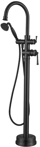 B2311-BK Freestanding Roman Tub Faucet with Antique Handheld, Swivel Gooseneck Spout Shower Mixer Taps - Matte Black High Flow Tub Filler