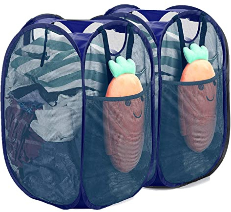 [Reinforced] Strong Mesh Pop-up Laundry Hamper, Quality Collapsible Laundry Basket with Durable Handles Solid Bottom High Carbon Steel Frame, Easy to Open and Fold Flat for Storage(Blue)