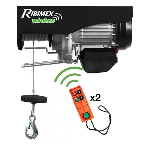Ribimex Paranco Elettrico Serie Pro 200/400 Kg con Doppio Telecomando Wireless, Puleggia e Fune in Acciaio Intrecciato, Motore Monofase - PE200/400TX2