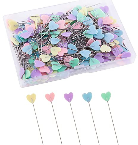 JIHUOO 200 Stück Herz-Nähnadeln, Flachkopf, gerade, farbige Stecknadeln, Quiltnadeln für Schneiderei, Handwerk, Nähprojekte