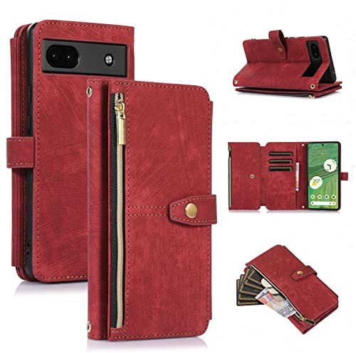 UEEBAI Étui pour Google Pixel 7a, Portefeuille Cuir PU Rétro Rabat Antichoc Housse avec Dragonne Fentes Cartes Fonction Support Fermeture Magnétique Protection complète - Vintage Rouge