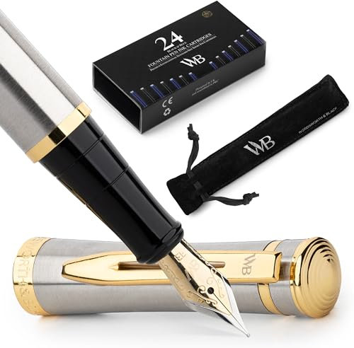 Wordsworth & Black Fountain Pen Set, 18K Gilded Extra Fine Nib, Includes 24 Pack Ink Cartridges, Ink Refill Converter & Gift Pouch, Gold Finish, Calligraphy, [Silver Gold], Perfect for Men & Women