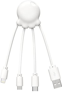 Xoopar Octopus – Multi USB Kabel 4 in 1 in Form Eines Oktopus Weiß – Universal Ladegerät Aus Recyceltem Kunststoff – USB-C, Ligthning, USB-A, Micro-USB für Smartphone