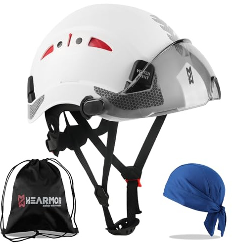 HEARMOR Casco da cantiere con visiera, 397, casco da lavoro ventilato per adulti, sistema a cricchetto regolabile, visiera fumo, colore: bianco
