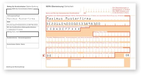 Litfax SEPA-Überweisung Zahlschein mit personalisiertem Überweisungsvordruck, 100 Stück – DIN LANG mit Quittungs-Talon, 1-fach, bedruckt mit Wunschtext - Bankneutral in Deutschland