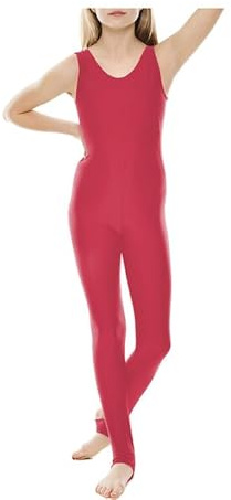 P&R DANCEWEAR LTD Flickor glänsande stigbygel dans fin klänning gymnastik ärmlös catsuit – perfekt för dans och gymnastikuppträdanden, Röd, 13-14 Years