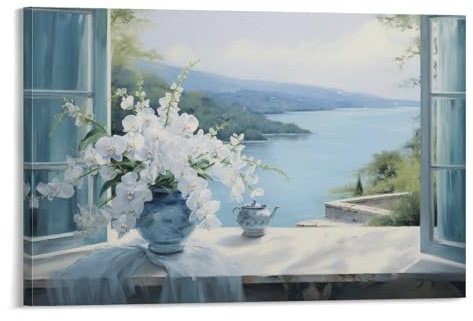 FOCCAR Beautiful Window View Printed Canvas Posters Retro Style White Flower Blue Ocean Wall Decor for Living Rooms Bedroom Wall Art