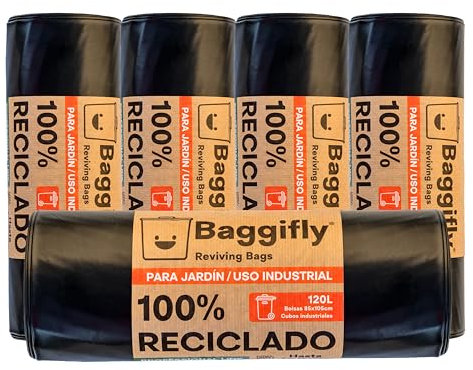 Baggifly, Bolsas de Basura 120L, 50 Bolsas Extra Resistentes, Más de 110kg, 100% reciclades, ECO Friendly, Uso Industrial, Jardín, Obra y Hostelería, Pack 5 x 10, Fabricado en España