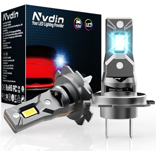 Nvdin bombillas h7 led 26000lm, lámpara para faros de coche y moto, muy compacto y montaje directo, tamaño halógeno 1:1, kit de luces de 12v para luces largas o cortas, 6000k blanco fuerte