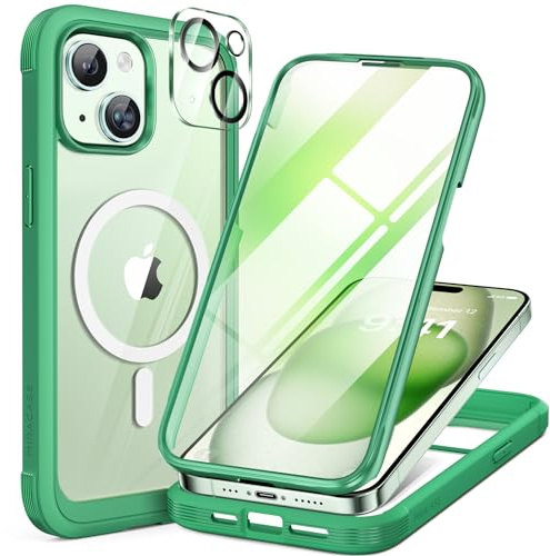 Miracase Magnetic for iPhone 15 Case 6.1, Full Body Protection, Green | [Built-in 9H Tempered Glass Screen Protector + Camera Lens Protector] Compatible with MagSafe, Military Grade Drop Proof