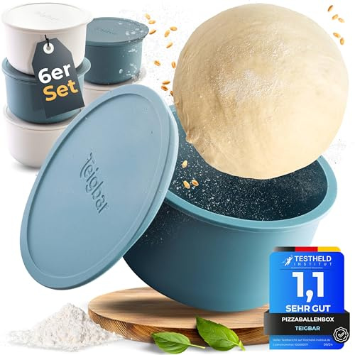 Teigbar« Pizzaballenbox mit Deckel, 6er Set - platzsparende Teigbox aus löse-leichtem Silikon - bis zu 350g Pizzateig Box mit Deckel, Pizza Box - Blau/Weiß - Ø13cm